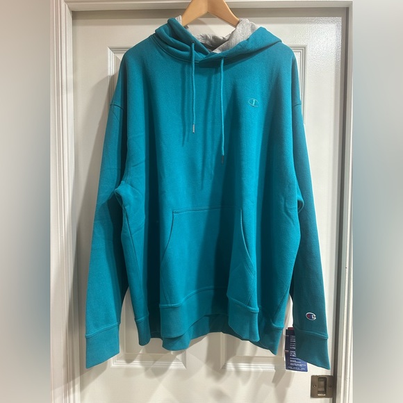 NWT Champion Powerblend C Logo 2XL Men’s Hoodie Teal Turquoise Pocket Sweatshirt - Picture 3 of 10